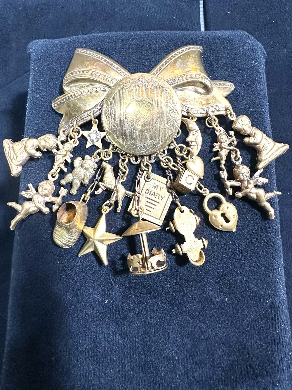 Vtg Oversized Locket Multi Dangle Charm Collectors Accent Brooch